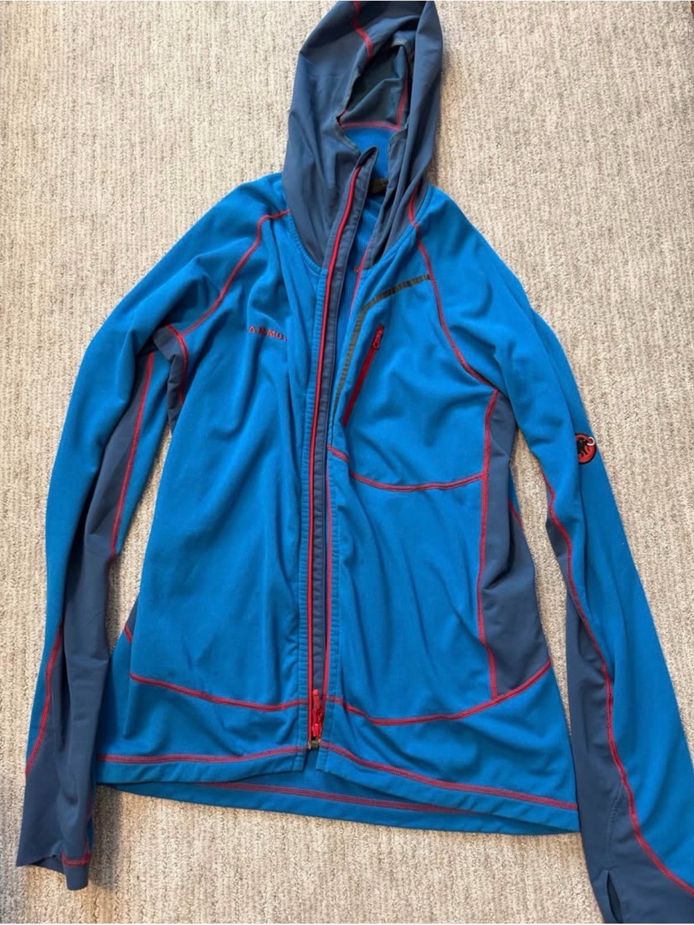 Mammut mens blue and Slate Hooded Softshell Jacket with Red Trim
